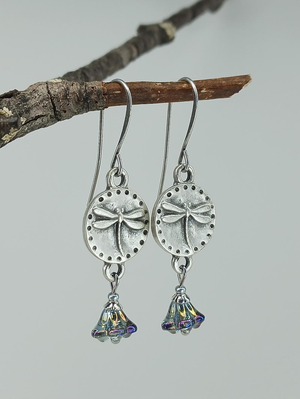 HAND CRAFTED Dragonfly Bellflower Earrings Blue Purple Glass Dangle Fairycore